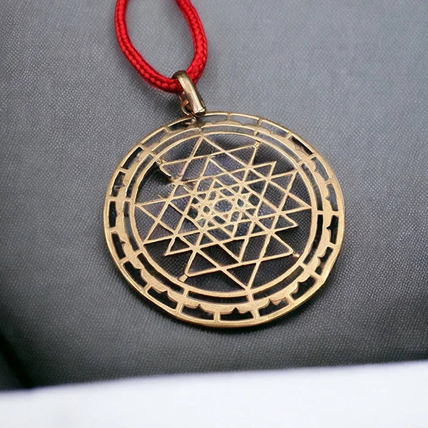 Small Size Shree Yantra Pendant For Men Women,Original Certified Asli Ashtadhatu Golden Shri Yantram Locket For Neck,Designer Spiritual Chakra With Red Necklace